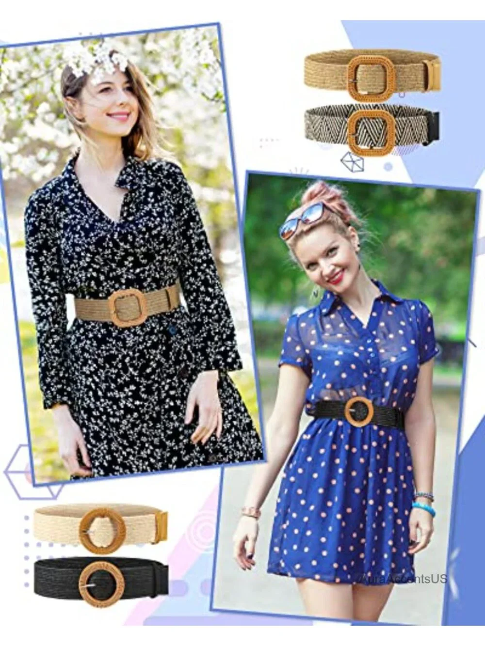 4 Pack Elastic Raffia Woven Belt, Boho Rattan Buckle Stretch Straw Wide Waist